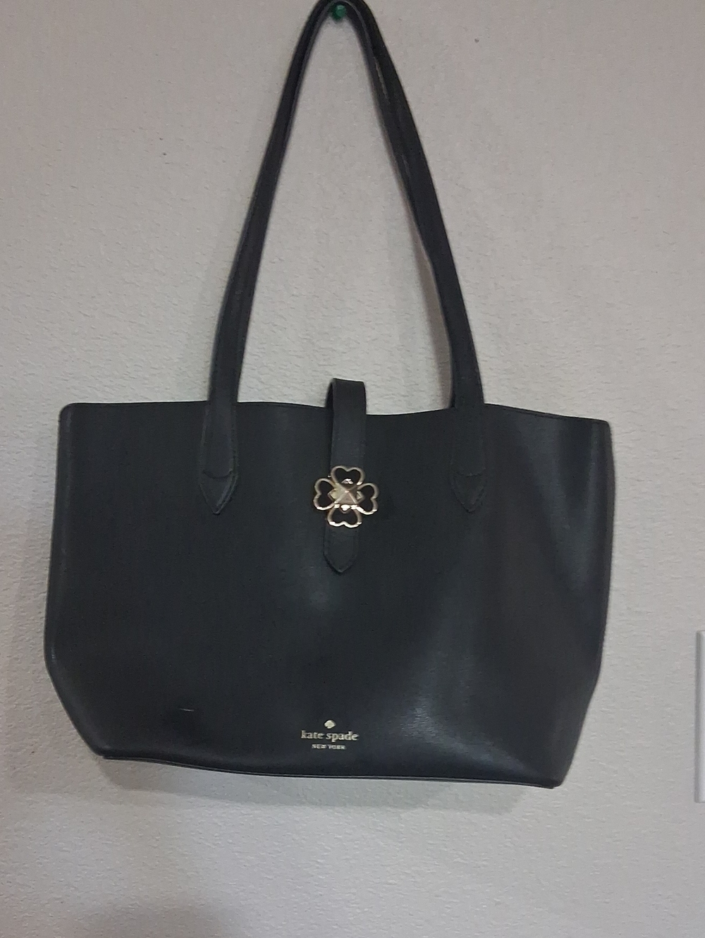 kate spade Black Leather Tote with Gold Floral Accent